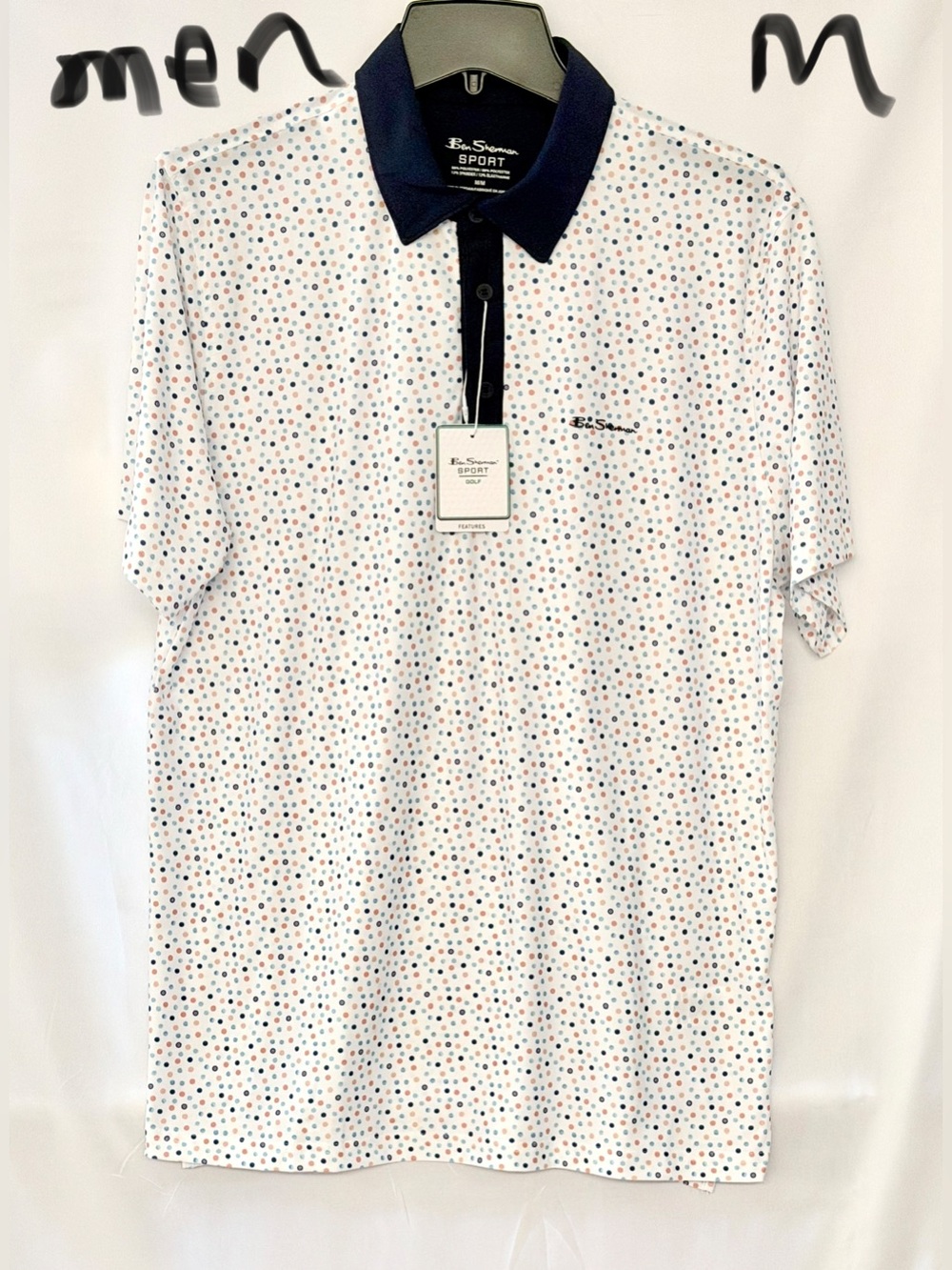 Ben Sherman White Polo with Navy Collar and Multicolor Dot Pattern